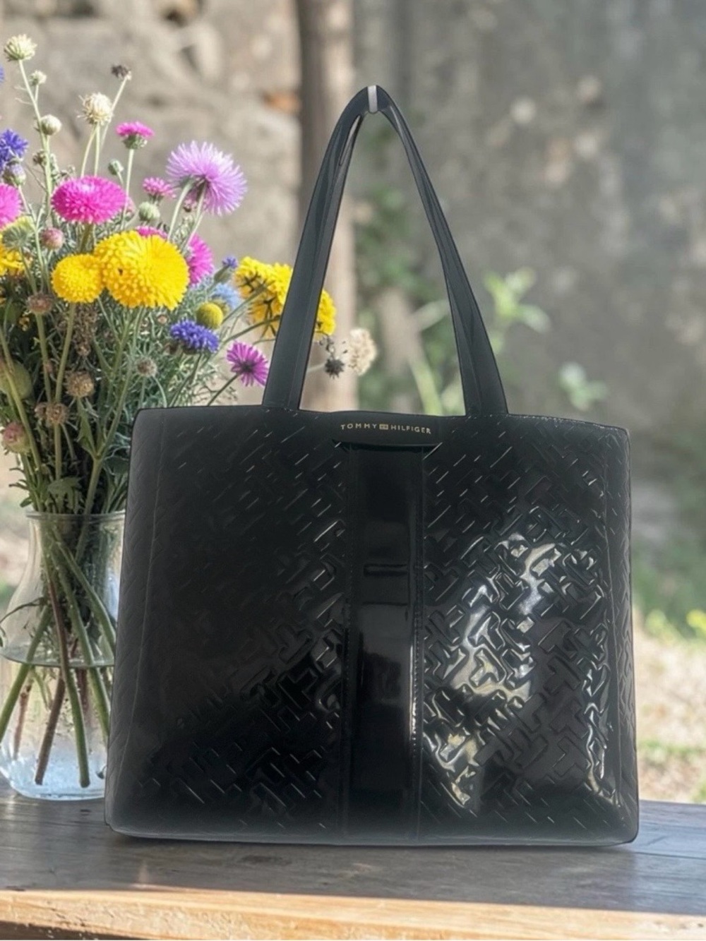 Tommy Hilfiger Black Glossy Faux-Patent Leather Monogram Tote Bag